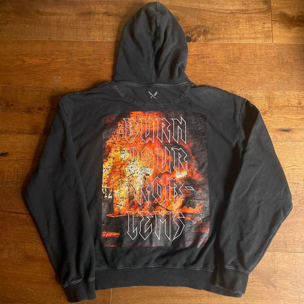 Distorted People Hoodie Mens XL Black Goth Grunge Flame Burn Your Problems Baggy